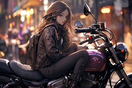 穿着皮夹克女孩坐在最酷的摩托车背景图片