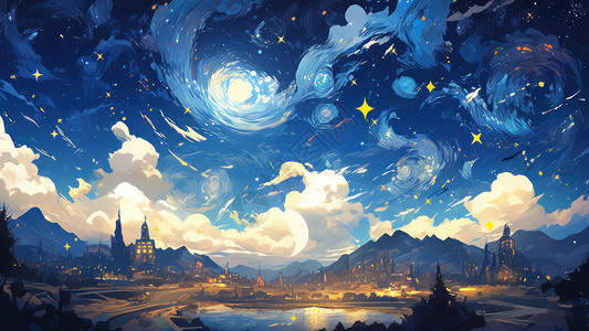 山川夜景蓝色星空下美丽的卡通风景插画