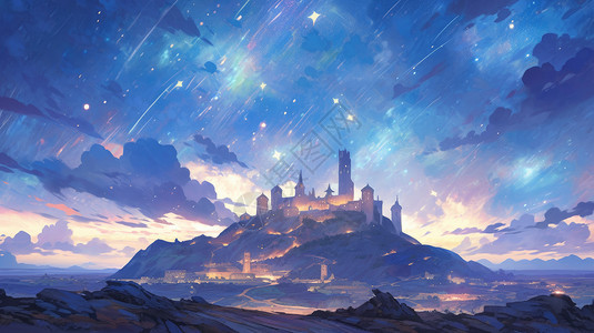 天空下的长城卡通高山上的城堡与星空风景插画