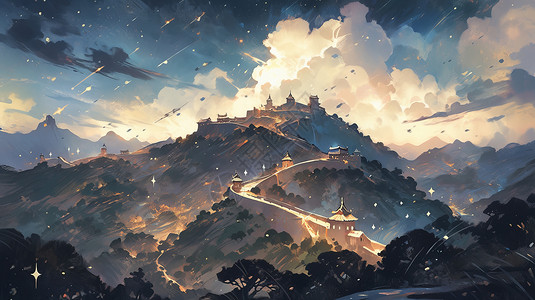 卡通高山上的古风长城背景图片