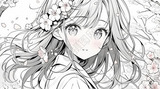 黑白线稿大眼睛长发卡通女孩头上戴着花朵背景图片