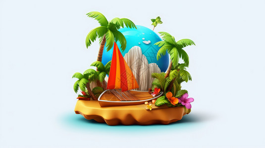 立体地球模型有椰子树和帆船的立体卡通度假小岛插画