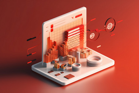 数据红色金融行业3D图标数据服务插画