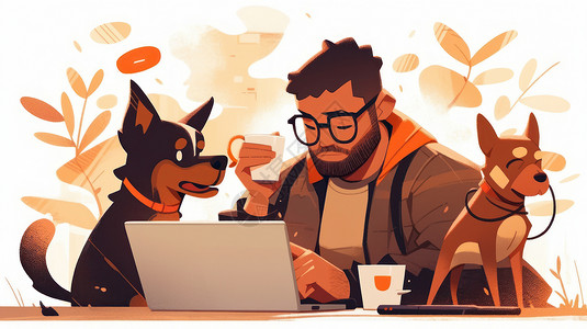 坐在办公桌前戴着眼镜的卡通男士与宠物图片