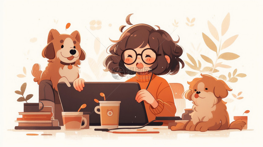 可爱的卡通女孩坐在电脑桌前办公与两只宠物狗图片