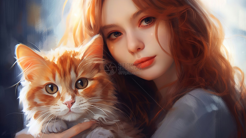可爱的橘猫跟少女图片