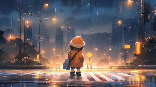 背着斜挎包在雨中过马路卡通女孩背影背景图片