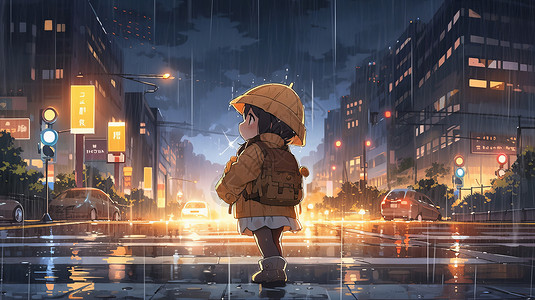 在街道旁穿着黄色衣服雨中卡通小女孩高清图片
