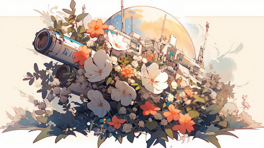 被花朵包围的卡通太空空间站背景图片