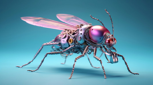 蚊子苍蝇粉色炫彩金属质感立体卡通苍蝇插画