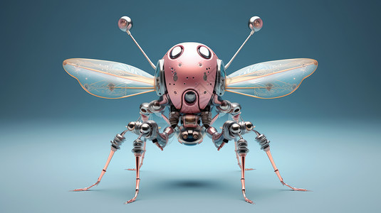 三维机械素材带翅膀的机器卡通昆虫插画