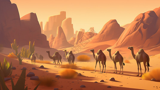 一群骆驼沙漠中的骆驼插画