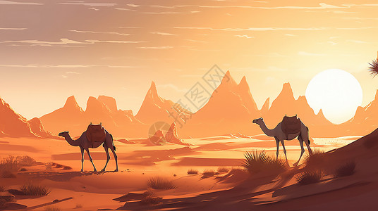 沙漠中行走的骆驼背景图片