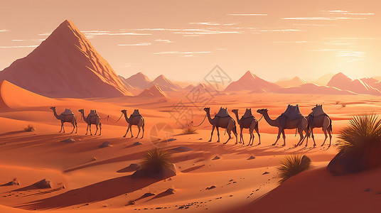 行走在沙漠中的骆驼背景图片