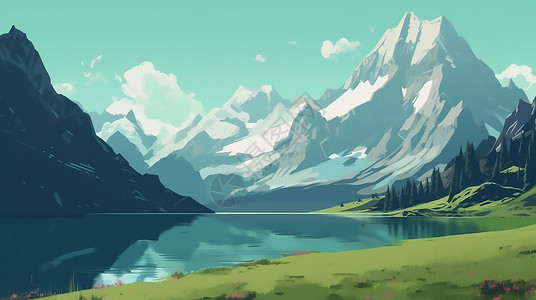 蓝天下治愈小清新的山谷湖泊背景图片