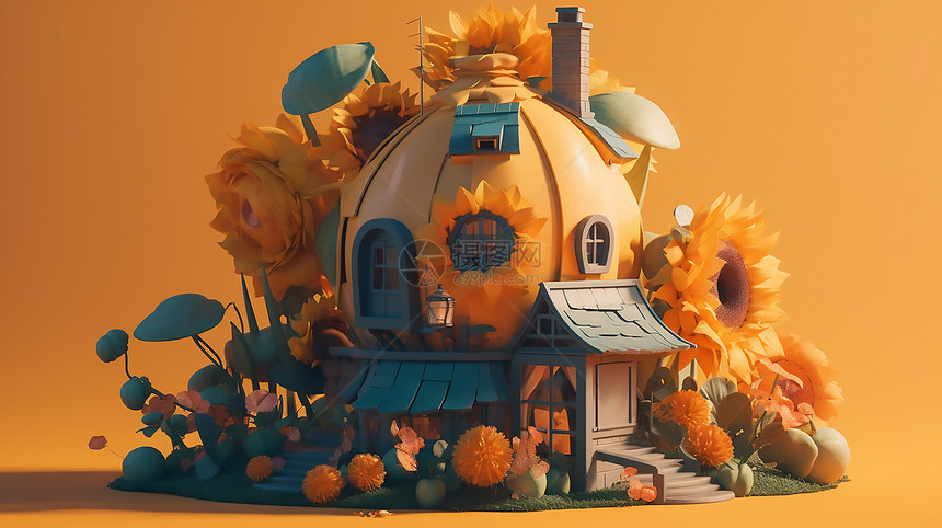可爱向日葵花朵3D立体小房子图片
