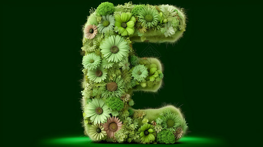 立体字母E可爱毛绒绒的卡通大写字母E上长满了绿色花朵插画