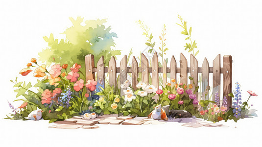 卡通木头篱笆旁长满了小清新花草背景图片