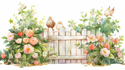 左右构图卡通白色篱笆左右两边有可爱的植物与花朵插画