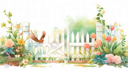 小清新卡通白色篱笆门与植物插画