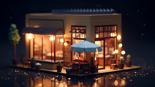 夜晚温馨的立体卡通咖啡店有遮阳伞图片