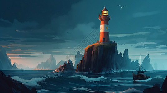 波涛海面海上的灯塔插画