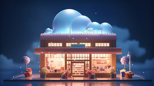 可爱的蓝色卡通云朵商店背景图片