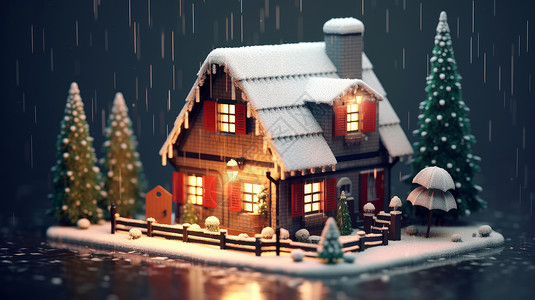 冬天下雪温馨的卡通圣诞屋背景图片