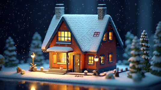 冬天夜晚亮着灯温馨的立体卡通小房子背景图片