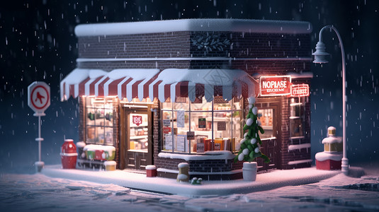 大雪中温馨可爱的卡通商店背景图片