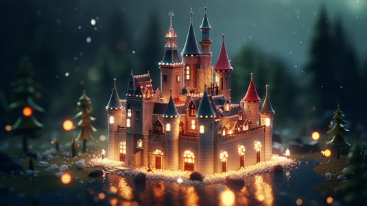 夜晚森林中温馨的卡通城堡背景图片
