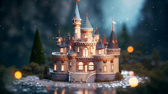 雪中湖边温馨可爱的立体卡通城堡背景图片
