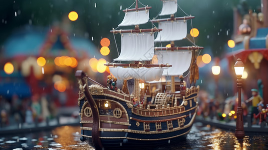 雨中立体卡通复古帆船背景图片
