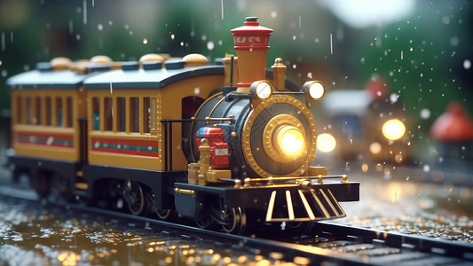 复古小火车大雨中在轨道上行驶的黄色立体卡通小火车插画