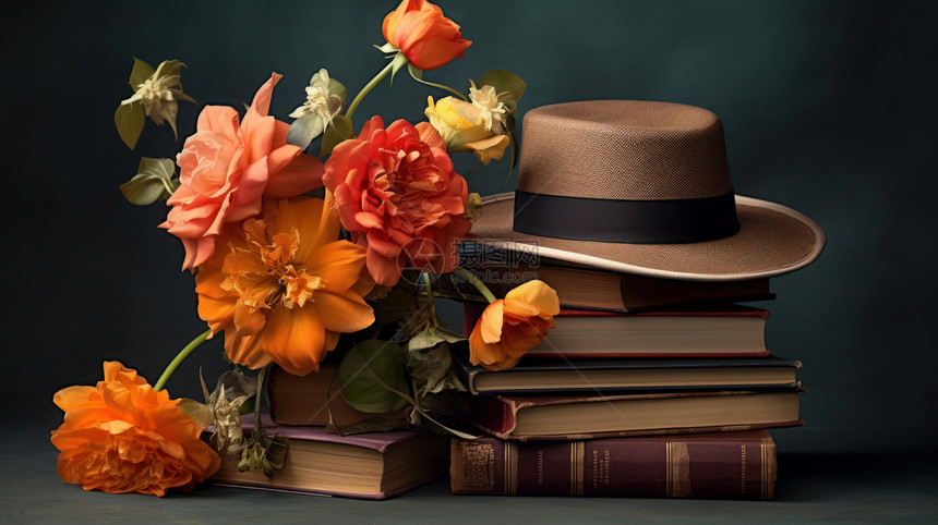 漂亮的花朵与帽子放在书上面图片