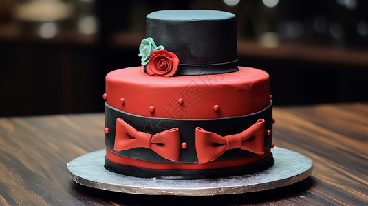 双层生日蛋糕红色蝴蝶结玫瑰花礼帽创意蛋糕插画