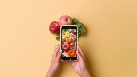 女人的手拿着手机拍新鲜水果背景图片