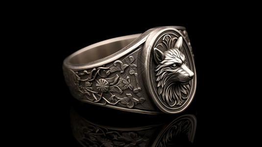 炫酷银黑色戒指复古银色金属质感立体狼头戒指插画