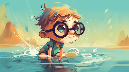 在海水里玩耍的男孩插画
