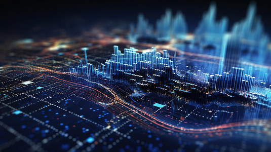 数据中心监控城市飞跃发展大型数据中心3D图像背景插画