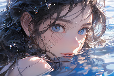 划水池女孩在蓝色水中划水的肖像插画