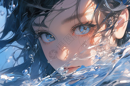 女孩在蓝色水中划水的肖像背景图片