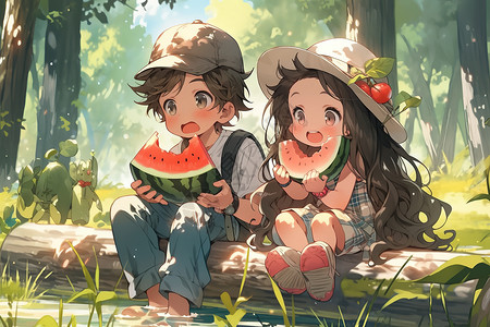 男孩和女孩在吃西瓜夏天可爱卡通场景图片