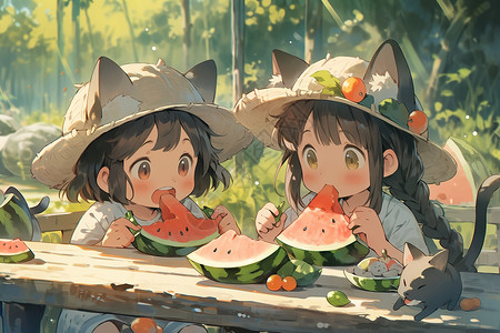 两个女孩闺蜜开心吃西瓜夏天夏至背景图片