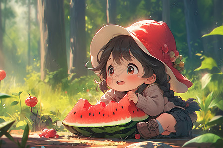夏天阳光森林里开心吃西瓜的女孩背景图片