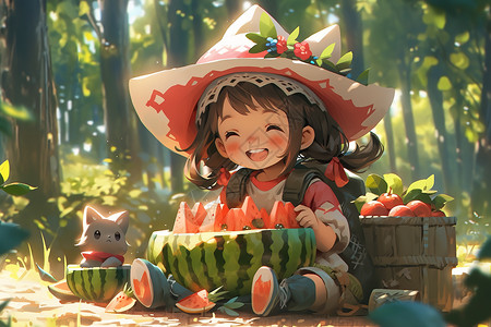 开心的女孩在吃西瓜阳光森林图片