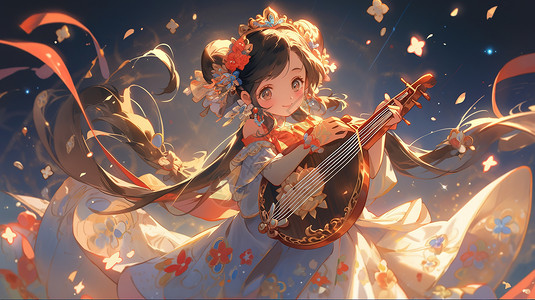 敦煌风格拿着琵琶乐器的女孩背景图片