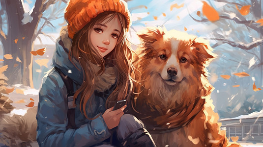 冬日可爱少女抱着小狗高清图片