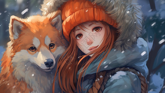 冬天戴着帽子的少女跟狗在室外高清图片