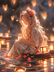 蜡烛灯火少女在河边祈福插画